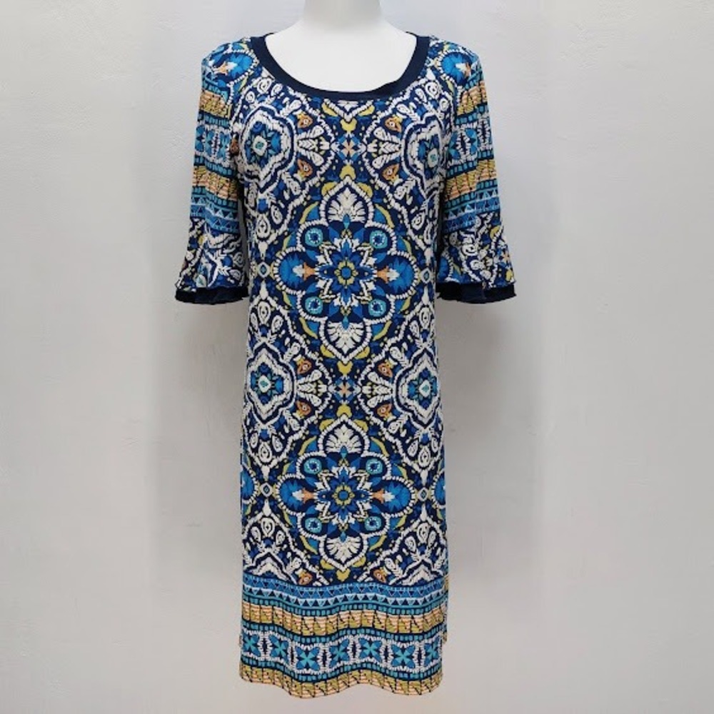 Rabbit Rabbit Designs Sheath Dress Women's Boho Mandala Size 10 Blue Bell Sleeve